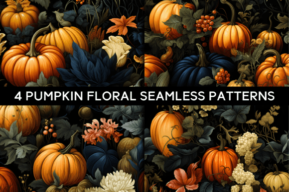 4 Pumpkin Fall Floral Seamless Patterns