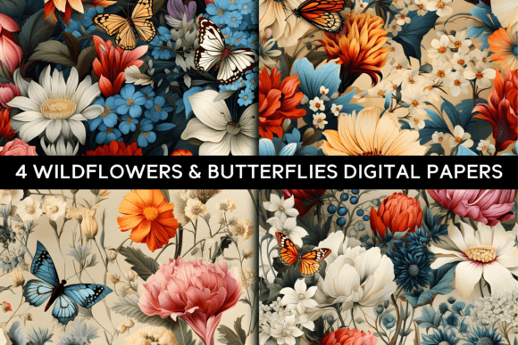 4 Wildflower Butterfly Seamless Patterns