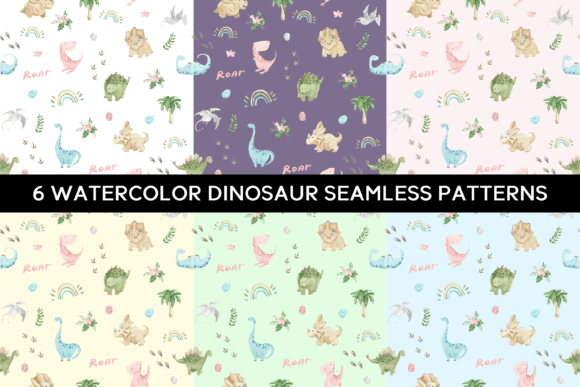 6 Watercolor Dinosaur Seamless Patterns: A Versatile Design Solution for Creative Projects