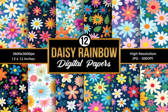 Rainbow Daisy Flowers Seamless Patterns